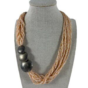 Pale Pink Seed Bead Necklace Multi Strand Silver Tone Beads Iridescent  20" Long